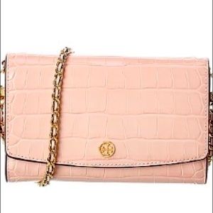 Tory Burch / Robinson Croc-Embossed Leather Wallet Shoulder Bag / Color Pink